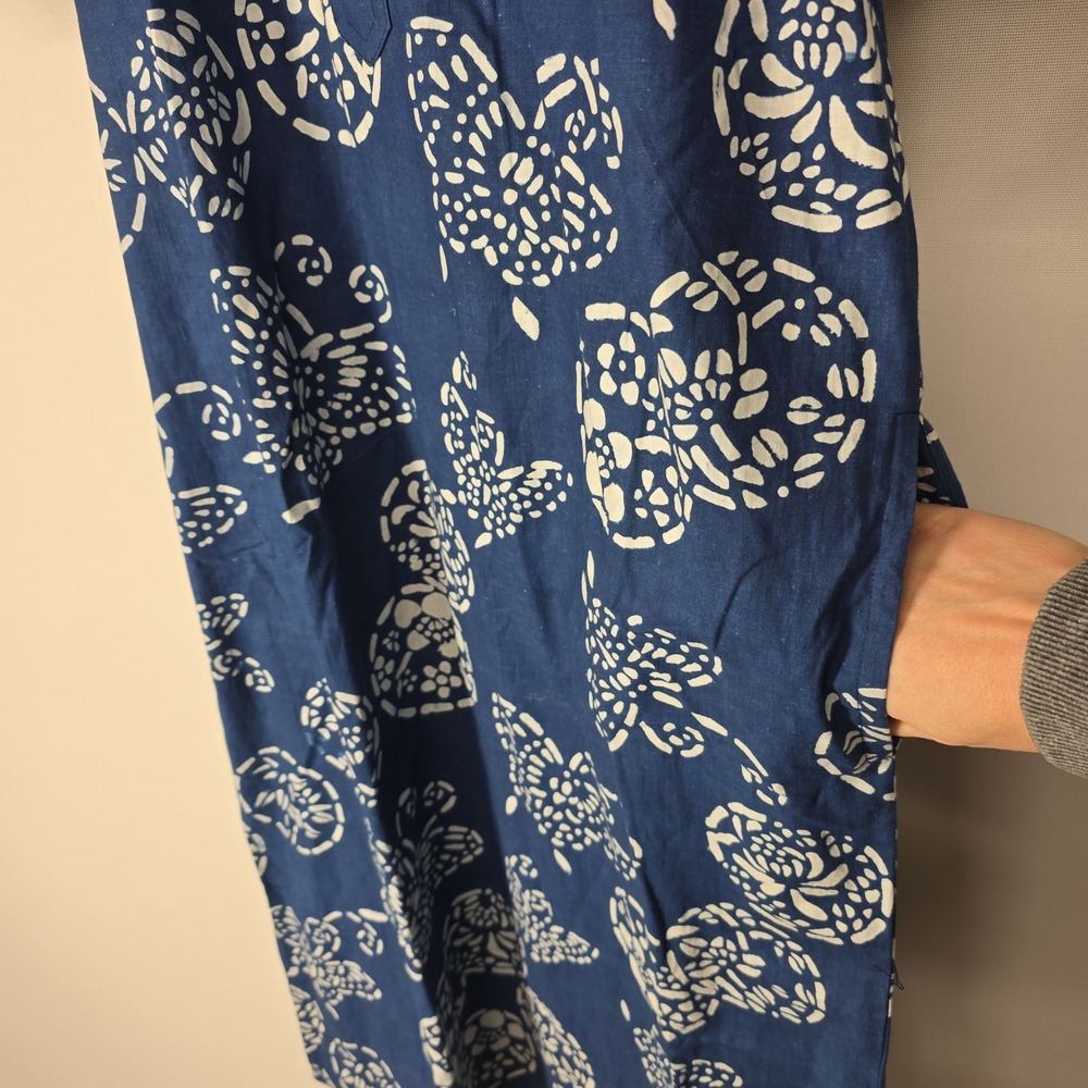 Vintage Handprinted Veggie Dye Indigo Cotton Midi‎ Dress Blue White Butterfly M - Picture 5 of 6